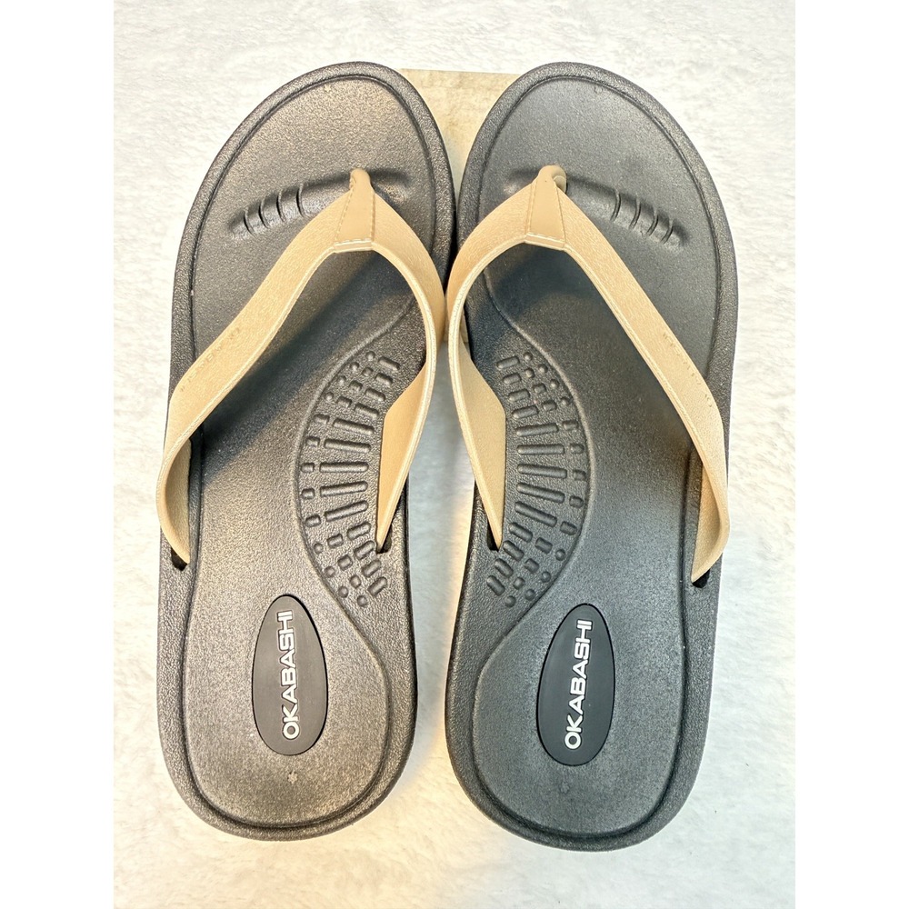 Okabashi Tan and Black Thong Sandal Flip Flops Sz M  6.5-7.5